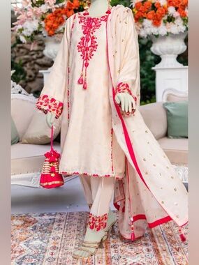 Elegant Cream & Pink Embroidered Women's Dress Set